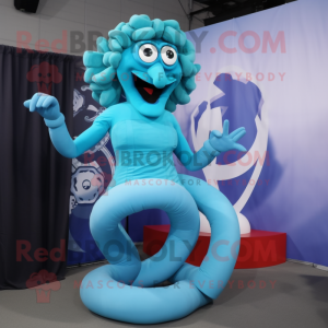 Sky Blue Medusa mascot costume character dressed with a Tank Top and Rings