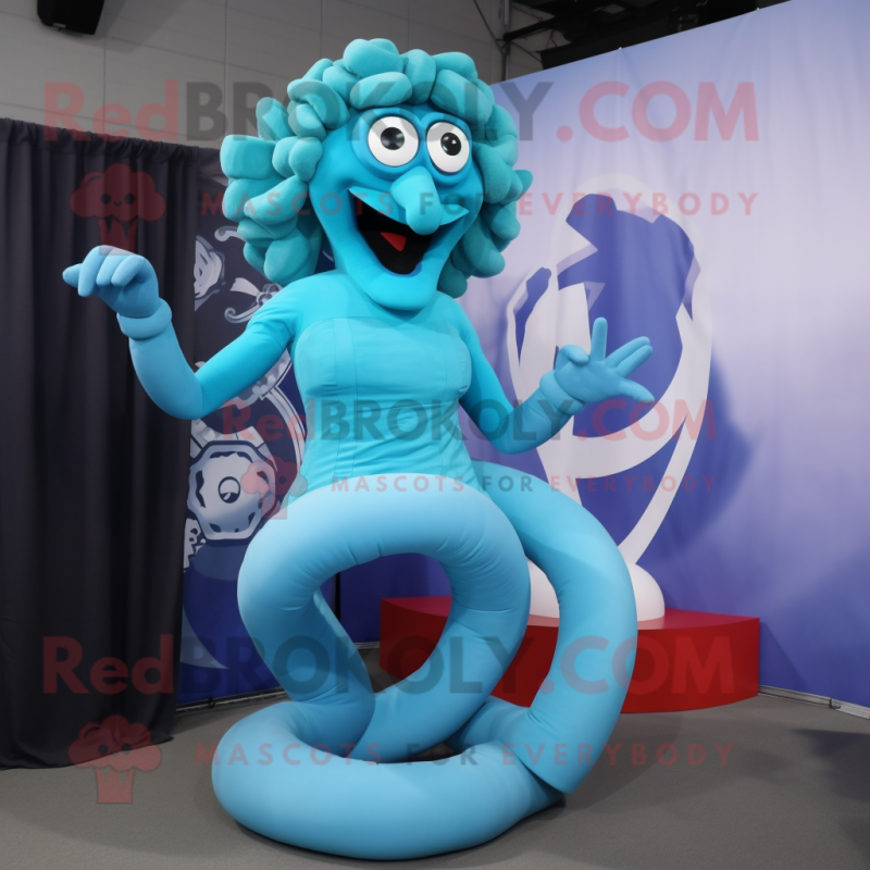 Sky Blue Medusa mascot costume character dressed with a Tank Top and Rings Sky Blue Medusa mascot costume character dressed with a Tank Top and Rings