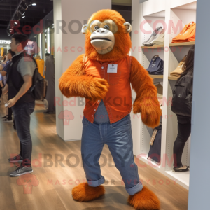 Orange Orangutan mascot costume character dressed with a Flare Jeans and Ties