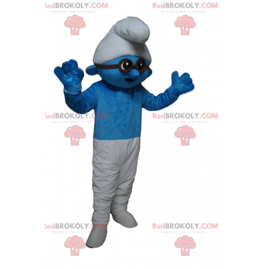 Mascote smurf azul e branco com óculos pretos - Redbrokoly.com
