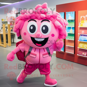Pink Pendant mascot costume character dressed with a Running Shorts and Backpacks