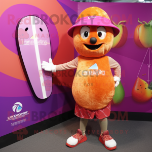 Magenta Apricot mascot costume character dressed with a Board Shorts and Anklets