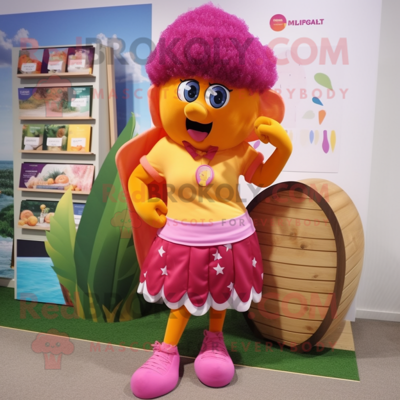 Magenta Apricot mascot costume character dressed with a Board Shorts and Anklets