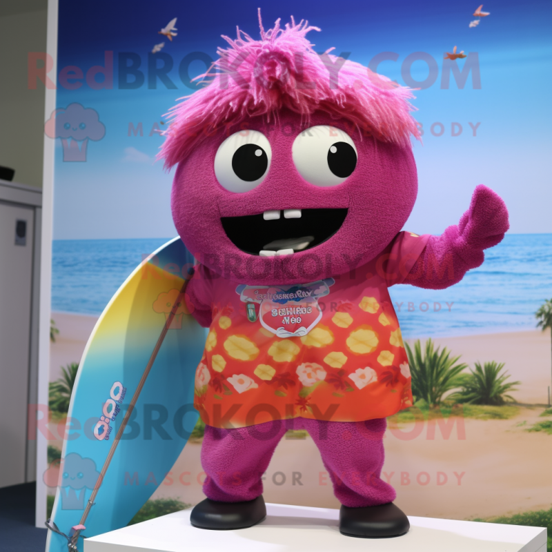 Magenta Apricot mascot costume character dressed with a Board Shorts and Anklets Magenta Apricot mascot costume character dressed with a Board Shorts and Anklets