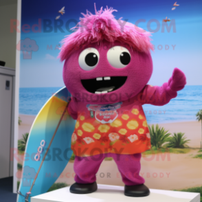 Magenta Apricot mascot costume character dressed with a Board Shorts and Anklets