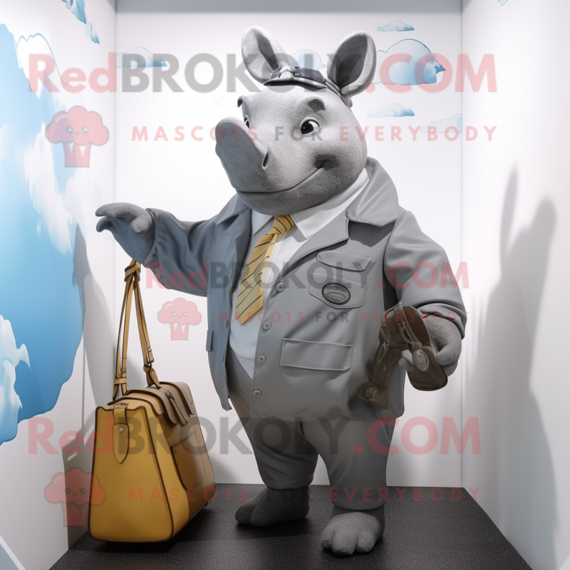 Gray Rhinoceros mascot costume character dressed with a Raincoat and Briefcases