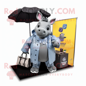 Gray Rhinoceros mascot costume character dressed with a Raincoat and Briefcases