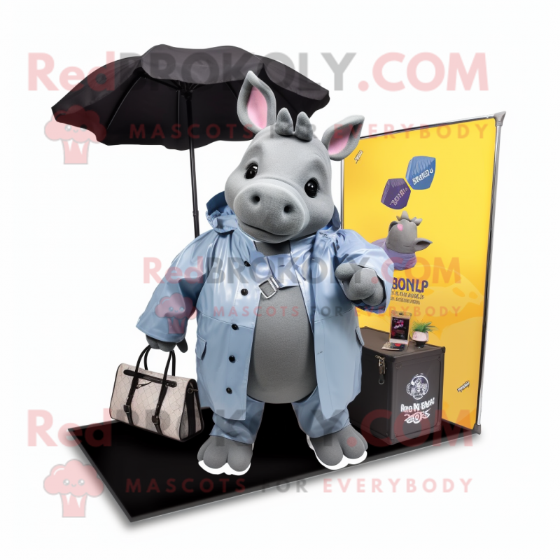 Gray Rhinoceros mascot costume character dressed with a Raincoat and Briefcases Gray Rhinoceros mascot costume character dressed with a Raincoat and Briefcases