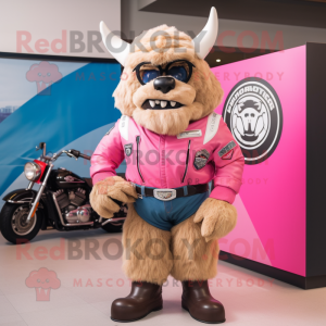 Pink Bison mascot costume character dressed with a Moto Jacket and Eyeglasses