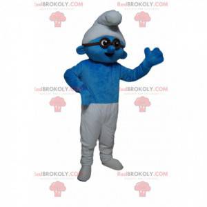 Blaues und weißes Schlumpfmaskottchen mit schwarzer Brille -