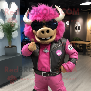 Pink Bison mascot costume character dressed with a Moto Jacket and Eyeglasses