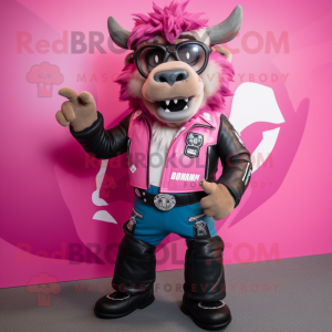 Pink Bison mascot costume character dressed with a Moto Jacket and Eyeglasses