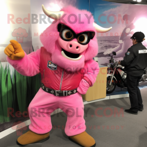 Pink Bison mascot costume character dressed with a Moto Jacket and Eyeglasses