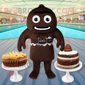 Brown Wedding Cake mascot costume character dressed with a One-Piece Swimsuit and Rings