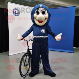 Navy Unicyclist mascot costume character dressed with a Jumpsuit and Shawl pins