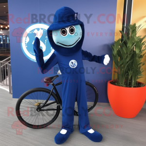 Navy Unicyclist mascot costume character dressed with a Jumpsuit and Shawl pins