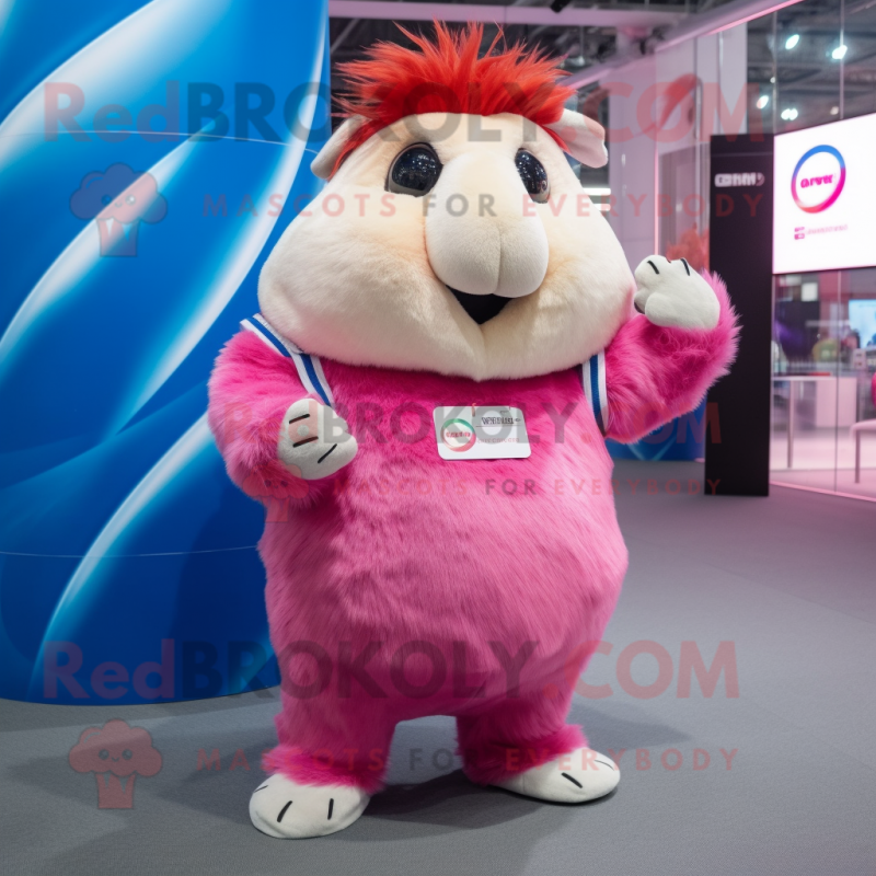 Pink Guinea Pig mascot costume character dressed with a Flare Jeans and Anklets Pink Guinea Pig mascot costume character dressed with a Flare Jeans and Anklets