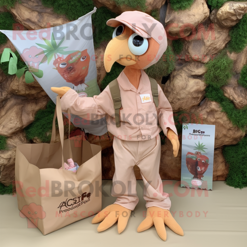 Peach Archeopteryx mascot costume character dressed with a Cargo Pants and Tote bags Peach Archeopteryx mascot costume character dressed with a Cargo Pants and Tote bags