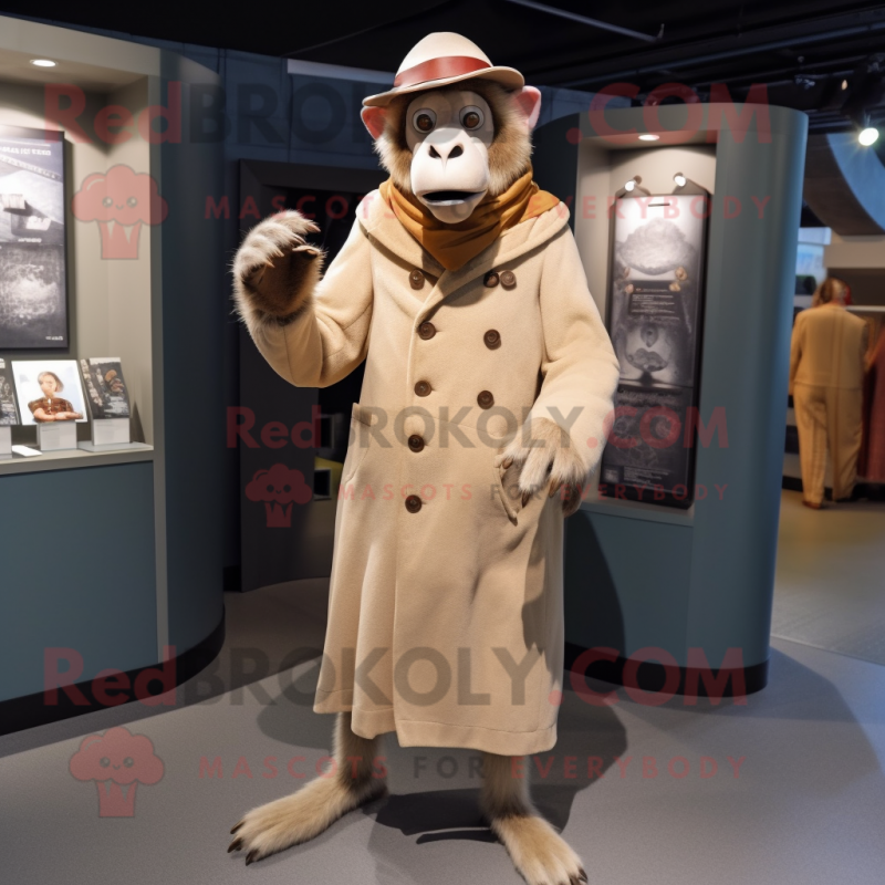 Cream Baboon mascot costume character dressed with a Coat and Berets