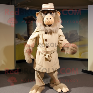 Cream Baboon mascot costume character dressed with a Coat and Berets