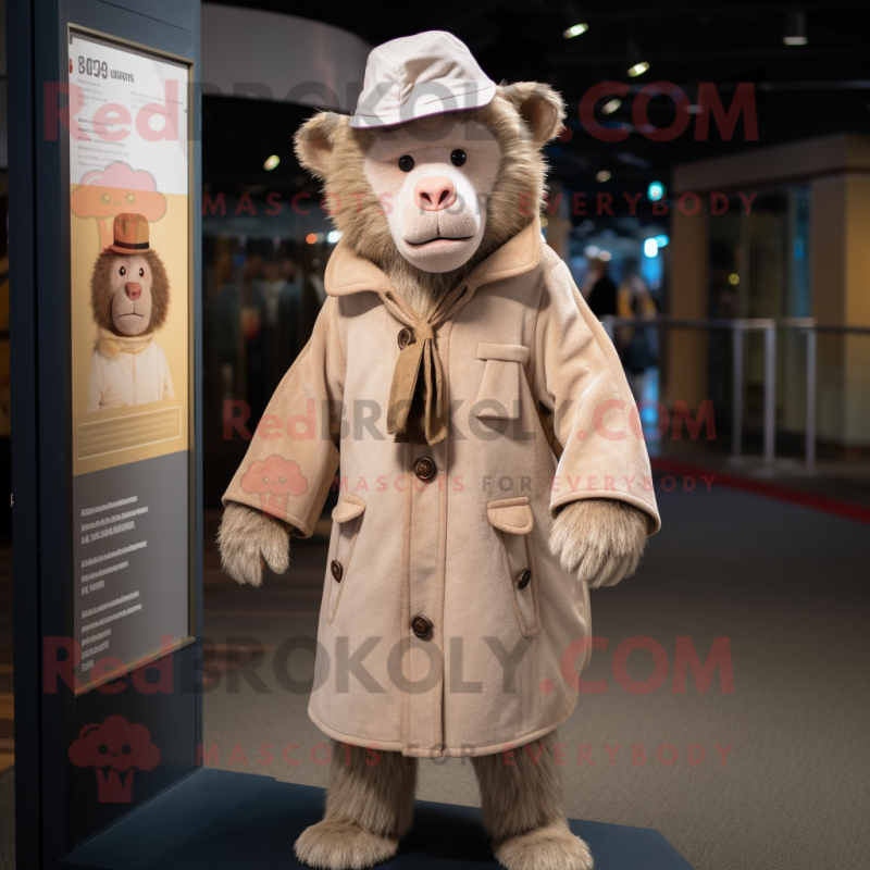 Cream Baboon mascot costume character dressed with a Coat and Berets