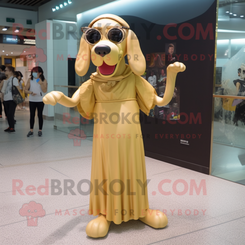 Gold Dog mascot costume character dressed with a Maxi Dress and Eyeglasses