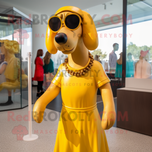 Gold Dog mascot costume character dressed with a Maxi Dress and Eyeglasses