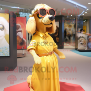 Gold Dog mascot costume character dressed with a Maxi Dress and Eyeglasses