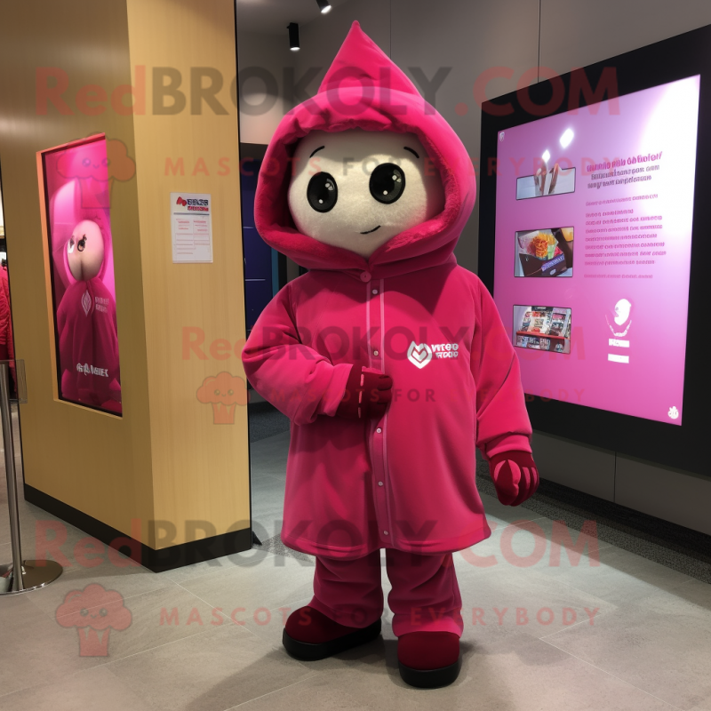 Magenta Miso Soup mascot costume character dressed with a Parka and Shoe laces