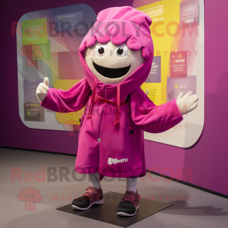 Magenta Miso Soup mascot costume character dressed with a Parka and Shoe laces