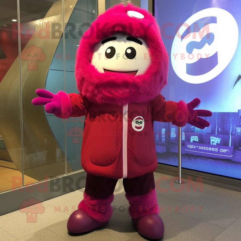 Magenta Miso Soup mascot costume character dressed with a Parka and Shoe laces Magenta Miso Soup mascot costume character dressed with a Parka and Shoe laces
