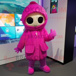 Magenta Miso Soup mascot costume character dressed with a Parka and Shoe laces