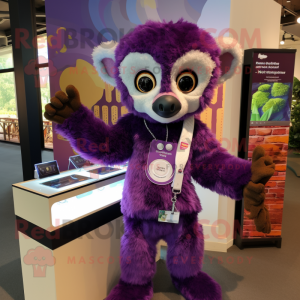 Purple Lemur mascot costume character dressed with a Henley Tee and Bracelet watches