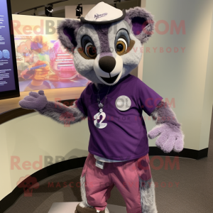 Purple Lemur mascot costume character dressed with a Henley Tee and Bracelet watches