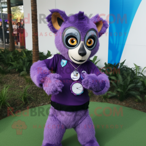 Purple Lemur mascot costume character dressed with a Henley Tee and Bracelet watches