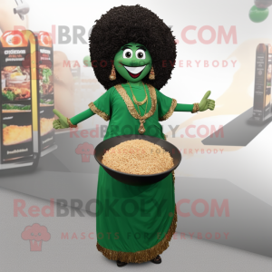 Forest Green Biryani mascot costume character dressed with a Maxi Dress and Necklaces