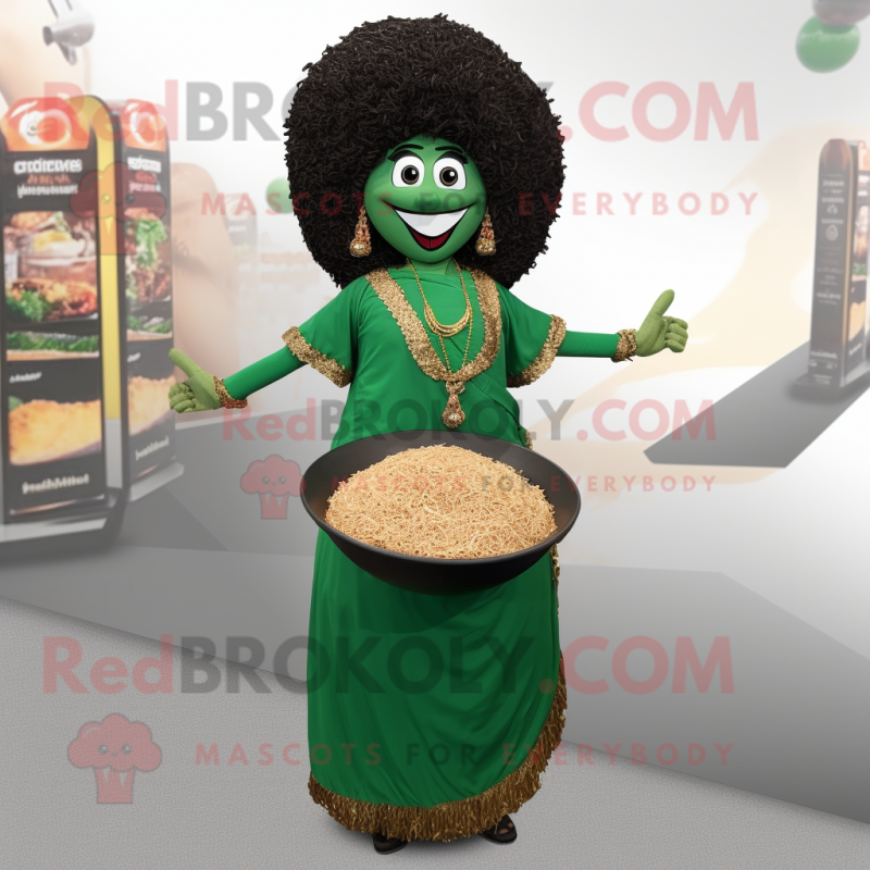 Forest Green Biryani mascot costume character dressed with a Maxi Dress and Necklaces Forest Green Biryani mascot costume character dressed with a Maxi Dress and Necklaces
