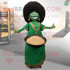Forest Green Biryani mascot costume character dressed with a Maxi Dress and Necklaces