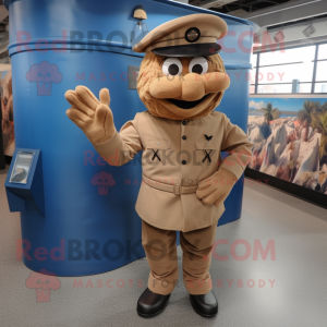 Brown Navy Soldier mascot costume character dressed with a Dress Shirt and Foot pads