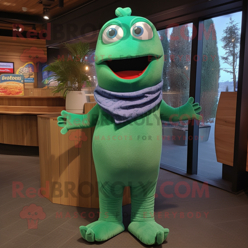 Green Salmon mascot costume character dressed with a Sweater and Earrings Green Salmon mascot costume character dressed with a Sweater and Earrings