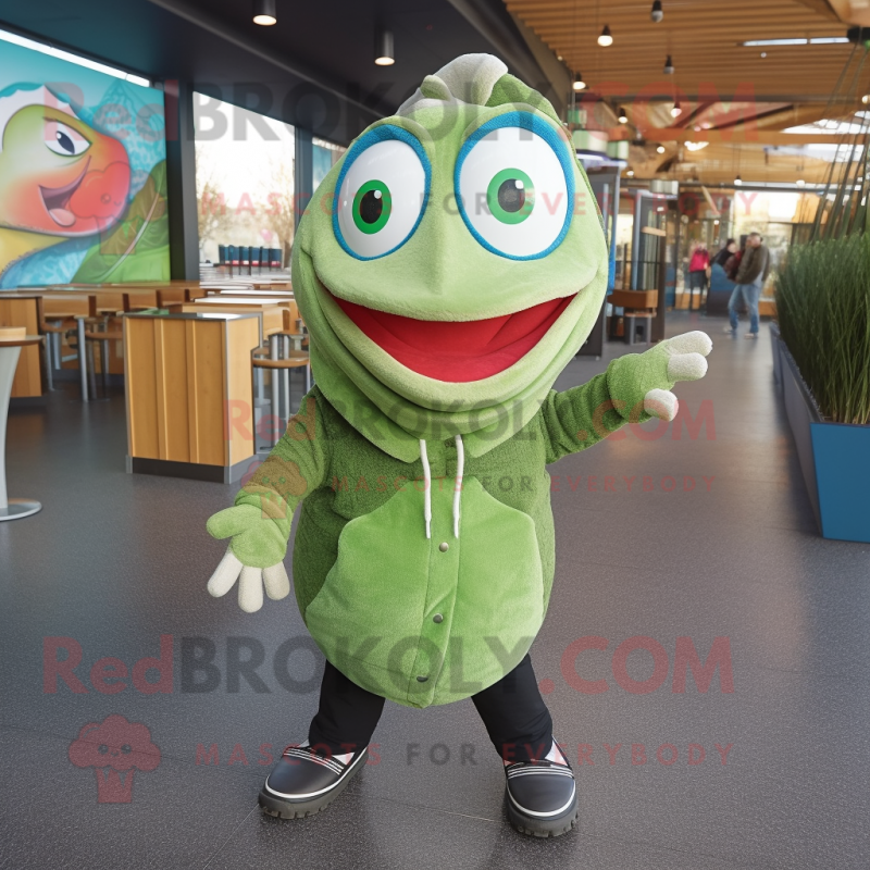 Green Salmon mascot costume character dressed with a Sweater and Earrings Green Salmon mascot costume character dressed with a Sweater and Earrings