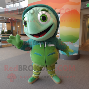 Green Salmon mascot costume character dressed with a Sweater and Earrings