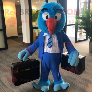 Sky Blue Macaw mascot costume character dressed with a Dress Shirt and Briefcases