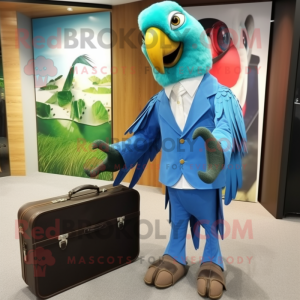 Sky Blue Macaw mascot costume character dressed with a Dress Shirt and Briefcases