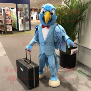 Sky Blue Macaw mascot costume character dressed with a Dress Shirt and Briefcases