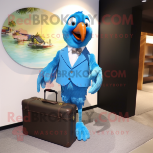 Sky Blue Macaw mascot costume character dressed with a Dress Shirt and Briefcases