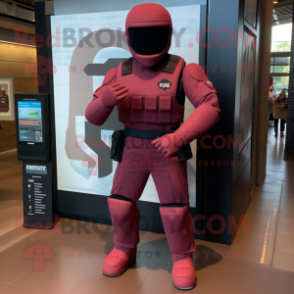 Maroon Gi Joe mascot costume character dressed with a Skinny Jeans and Foot pads
