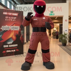 Maroon Gi Joe mascot costume character dressed with a Skinny Jeans and Foot pads