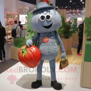 Gray Tomato mascot costume character dressed with a Jeans and Messenger bags