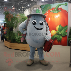 Gray Tomato mascot costume character dressed with a Jeans and Messenger bags